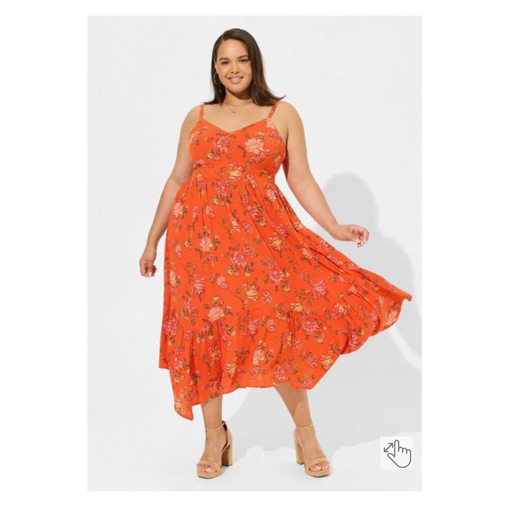 Torrid Orange Floral Gauze Tiered Handkerchief Hem Maxi Dress Sz.4 NWT